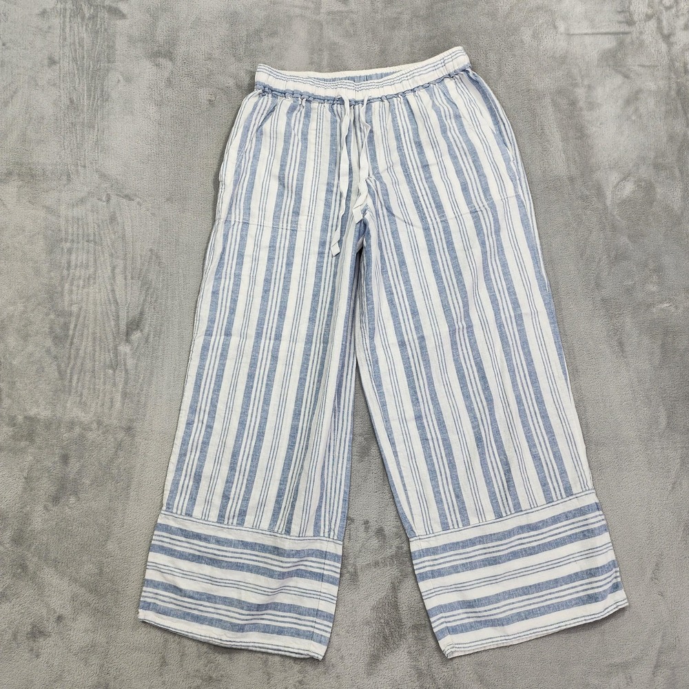 Casa Cabana Pants Womens XS Blue White Striped Crop Wide Leg Linen Blend Casual‎